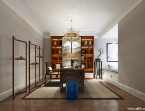 55-书房模型/读书房效果图/3D模型/无水印模型/书房3D模型